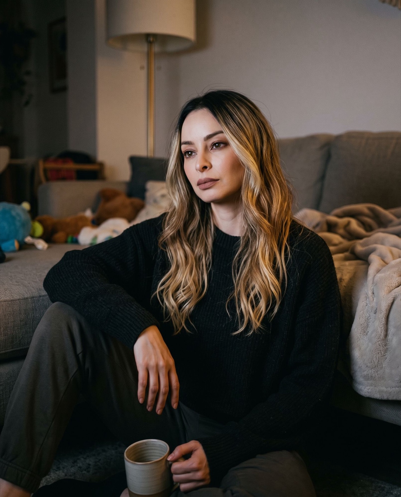 Lili sentada en el piso de la sala de noche, con una taza en la mano