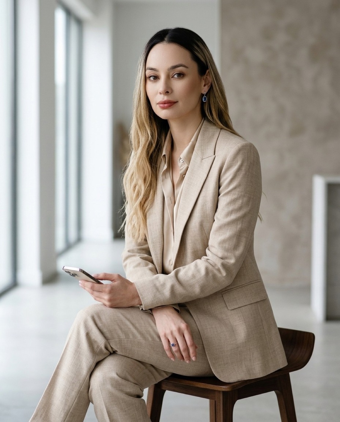 Lili Duque con traje beige, sentada con su teléfono